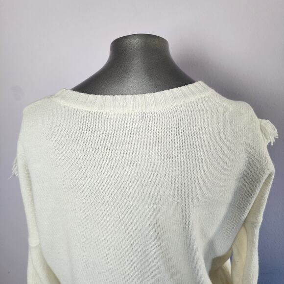 Trouvé Fringe Off-White Wool Blend Crew Neck Knit Sweater | Women's Large - Picture 9 of 12